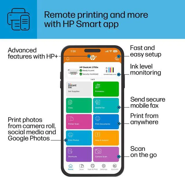Alt view image 6 of 17 - HP DeskJet 2755e All-in-One Wireless Color Printer, with Bonus 3 Months Free Instant Ink with HP+ (26K67A)