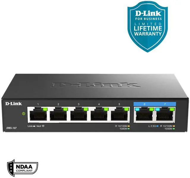 Main image of D-Link 7-Port Multi-Gigabit (2.5Gb) Unmanaged Ethernet Switch | 2 x 2.5 Gb, 5 x 10/100/1000Mbps Ports - (DMS-107)