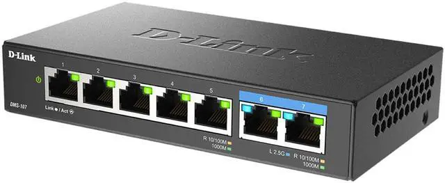 Alt view image 5 of 6 - D-Link 7-Port Multi-Gigabit (2.5Gb) Unmanaged Ethernet Switch | 2 x 2.5 Gb, 5 x 10/100/1000Mbps Ports - (DMS-107)