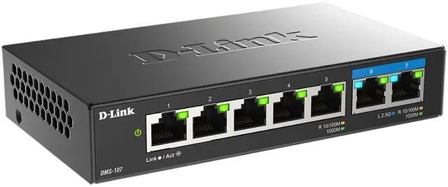Alt view image 6 of 6 - D-Link 7-Port Multi-Gigabit (2.5Gb) Unmanaged Ethernet Switch | 2 x 2.5 Gb, 5 x 10/100/1000Mbps Ports - (DMS-107)