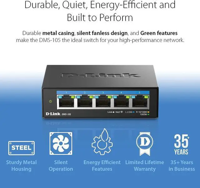 Alt view image 4 of 9 - D-Link 5-Port 2.5Gb Unmanaged Gaming Switch with 5 x 2.5Gb - Multi-Gig, Network, Fanless, Plug & Play - (DMS-105)