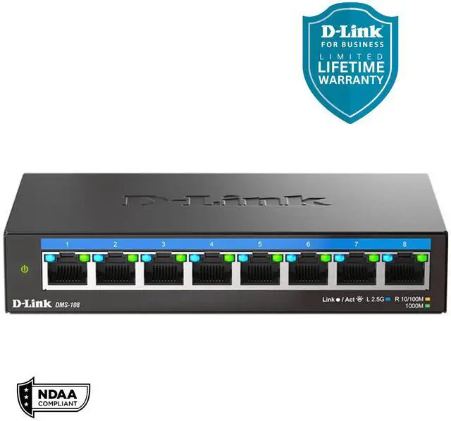 Main image of D-Link 8-Port 2.5Gb Unmanaged Gaming Switch with 8 x 2.5G - Multi-Gig, Network, Fanless, Plug & Play - (DMS-108)
