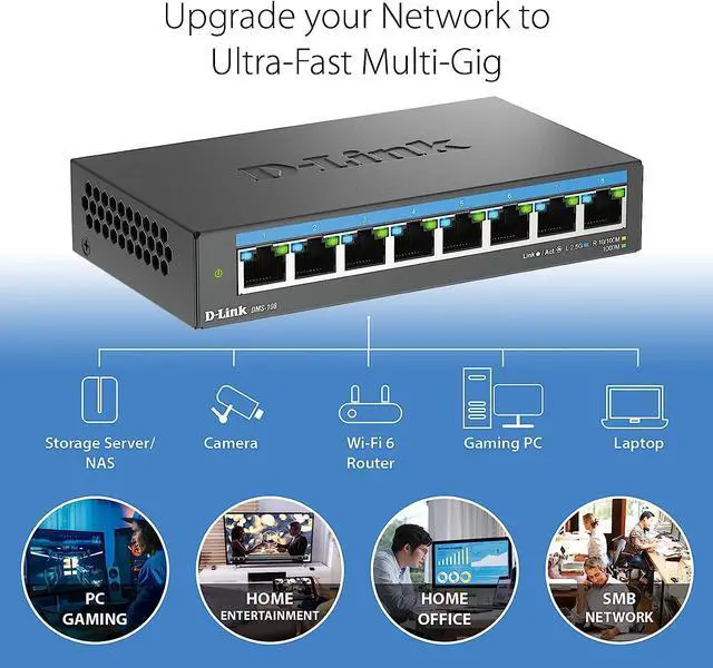 Alt view image 2 of 6 - D-Link 8-Port 2.5Gb Unmanaged Gaming Switch with 8 x 2.5G - Multi-Gig, Network, Fanless, Plug & Play - (DMS-108)