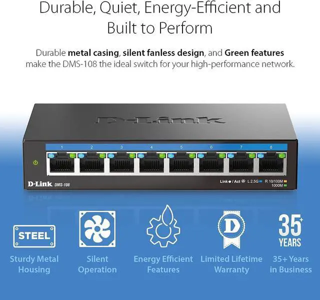Alt view image 3 of 6 - D-Link 8-Port 2.5Gb Unmanaged Gaming Switch with 8 x 2.5G - Multi-Gig, Network, Fanless, Plug & Play - (DMS-108)