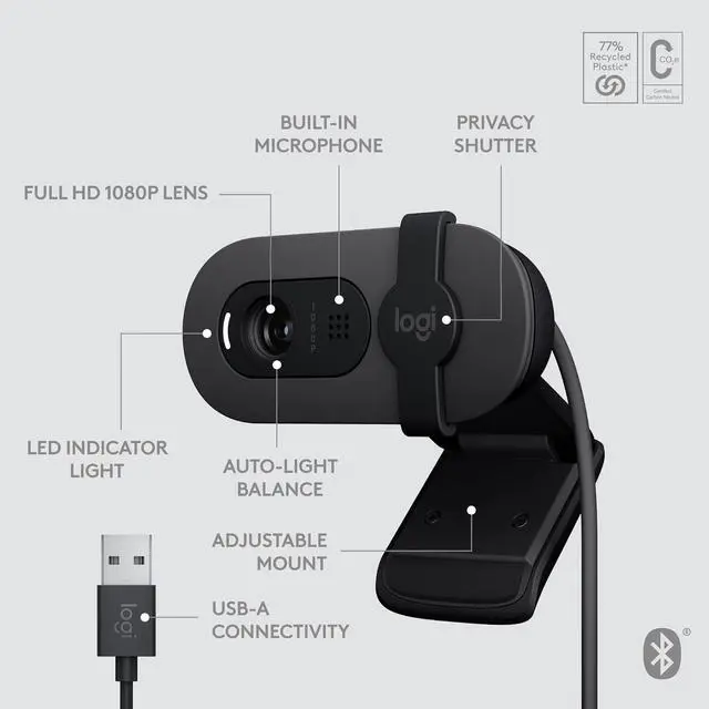Alt view image 6 of 10 - Logitech Brio 105 Full HD 1080p Business Webcam with Auto-Light Balance, USB-A, Privacy Shutter, Easy Set-Up, Compatible with Windows, macOS, ChromeOS