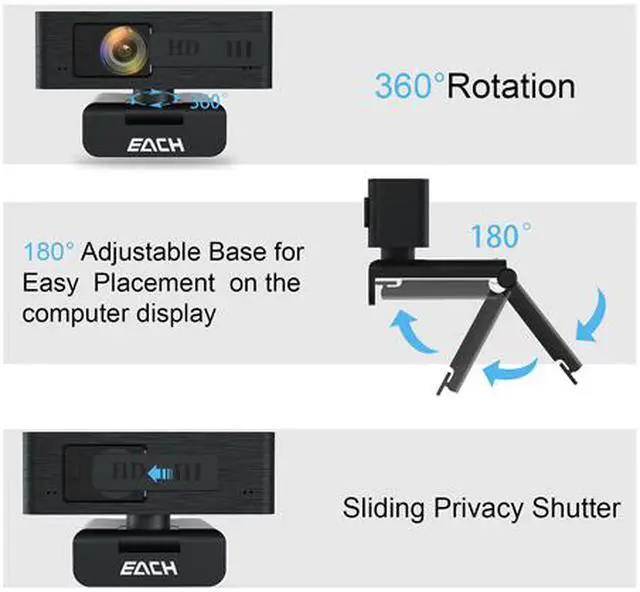 Alt view image 3 of 4 - EACH AutoFocus Full HD Webcam with Privacy Shutter 1080P-360 Degree Rotating Webcam-USB Computer Camera for PC Laptop Desktop Mac Video Call