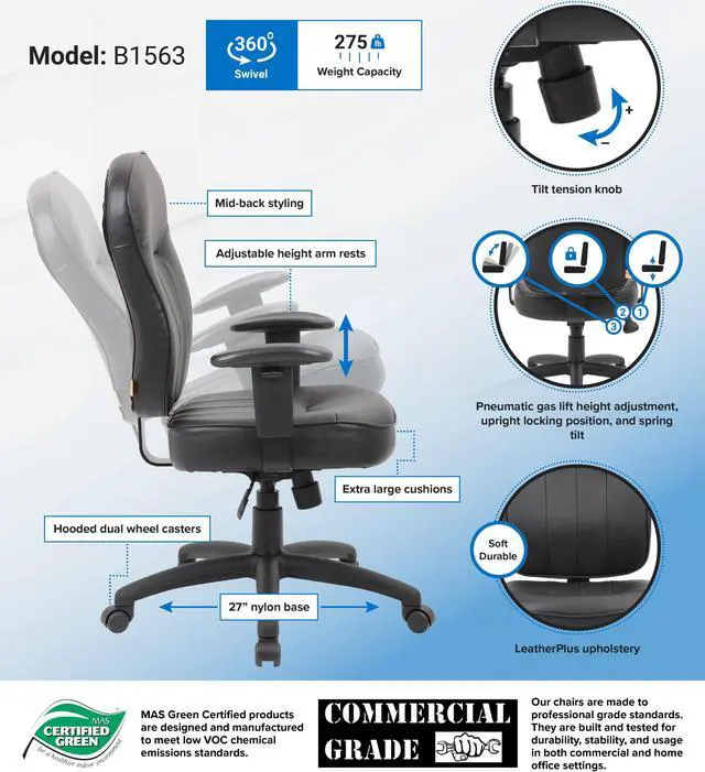 Alt view image 7 of 7 - Boss Black Leather Task Chair W/ Adjustable Arms