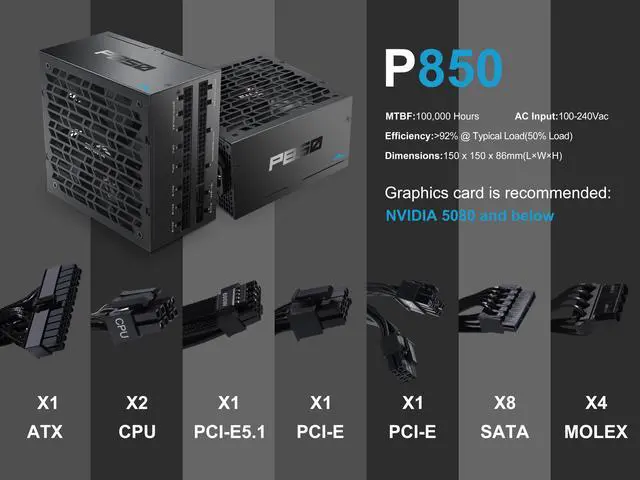 Alt view image 11 of 12 - SAMA P850W ATX 3.1 Power Supply, 850W, Cybenetics Platinum Standards, PCIE 5.1 Ready, Full Modular, 850W Gaming PSU, Premium Japanese Capacitor, FDB Fan, Black version
