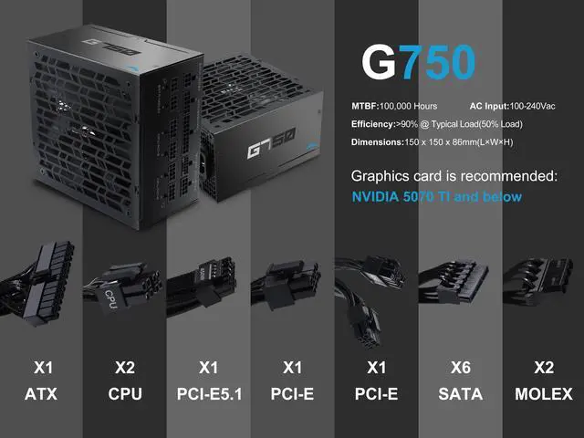 Alt view image 6 of 11 - SAMA G750W ATX 3.1 Power Supply, 750W, Cybenetics Gold Standards, PCIe 5.1 Ready, Full Modular, Japanese Capacitors, FDB Fan, Black Version