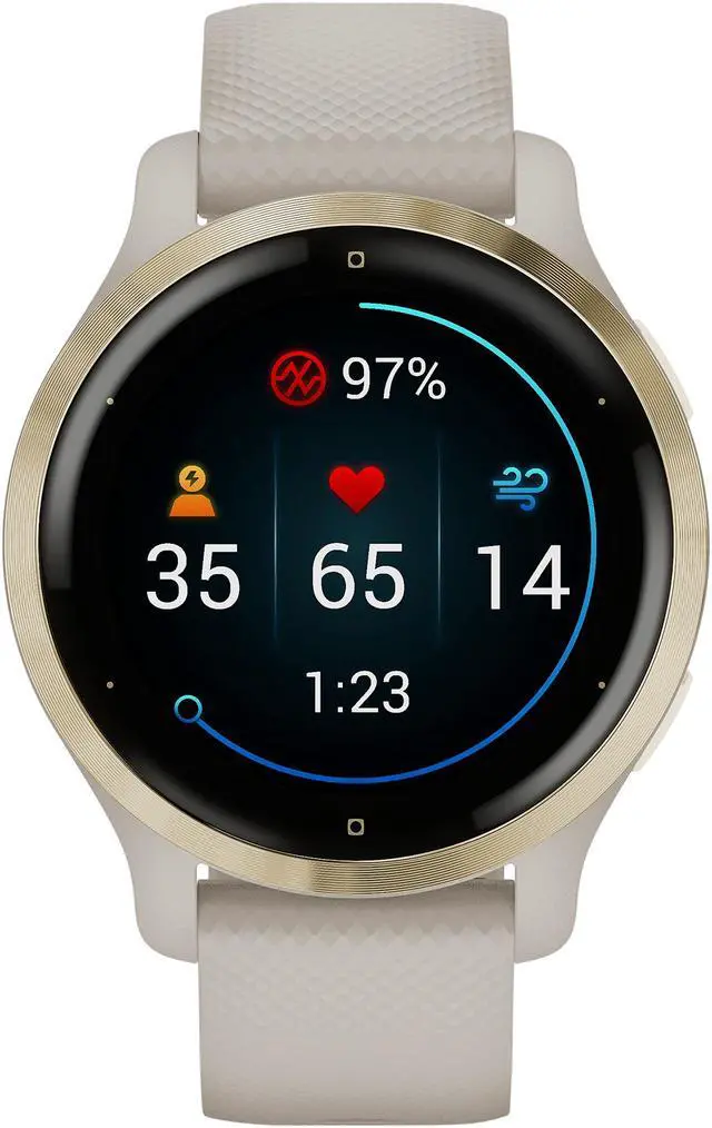 Alt view image 3 of 9 - Garmin Venu 2S, Smaller-Sized GPS Smartwatch with Advanced Health Monitoring and Fitness Features, Light Gold Stainless Steel Bezel with Light Sand Case and Silicone Band (010-02429-01)