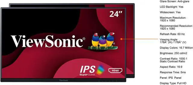 Alt view image 2 of 9 - ViewSonic VA2456-MHD_H2 Dual Pack Head-Only 1080p 100Hz IPS Monitors with Ultra-Thin Bezels, HDMI, DisplayPort and VGA for Home and Office