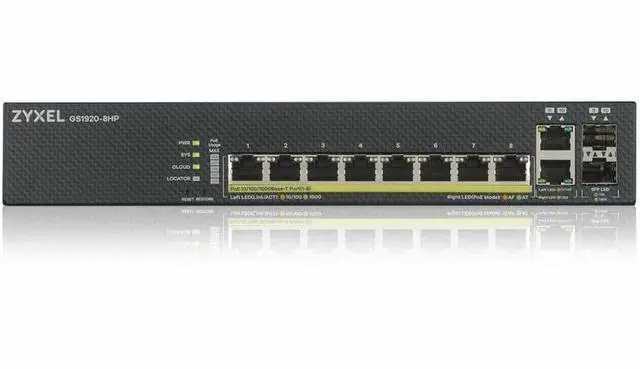 Alt view image 2 of 4 - ZyXEL GS1920-8HPv2 8-Port Gigabit Smart Nebula Cloud Managed PoE Switch, 8 PoE+ Ports at 130W with 2 SFP Uplinks