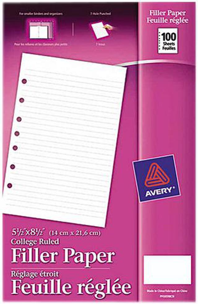Avery Mini Binder Filler Paper 5-1/2 x 8 1/2 7-Hole Punch College Rule  100/Pack 