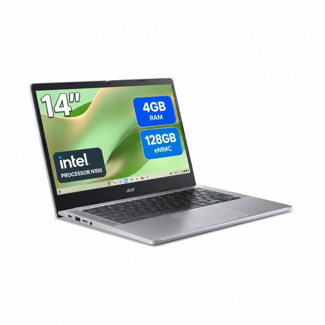 Main image of Acer 14" FHD Widescreen Chromebook Intel N100 4GB RAM 128GB eMMC Pure Silver - Intel Processor N100 with up to 3.40GHz - 14" FHD Widescreen ComfyView LED-backlit Display - 128 GB eMMC - 4GB RAM