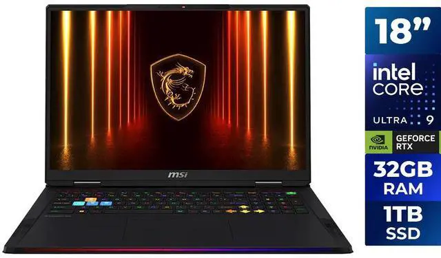 Main image of MSI Raider 18 HX AI A2XW Raider 18 HX AI A2XWJG-841US 18" Gaming Notebook - Core Ultra 9 285HX (2.1GHz) - 32GB - 1TB SSD - NVIDIA GeForce RTX 5090 - Windows 11 Home (RAIDER18HXA2841)