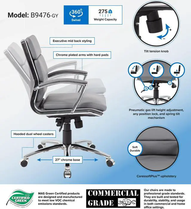 Alt view image 9 of 9 - Boss Office CaressoftPlus Executive Mid-Back Chair in Gray