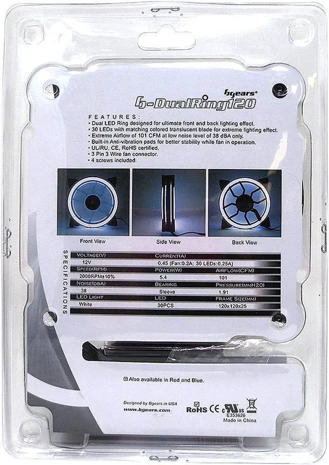 Alt view image 10 of 10 - BGears b-DualRing 120mm 30 White LEDs fan with 101 CFM at 2000 RPM