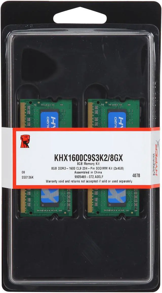Alt view image 3 of 3 - HyperX 8GB (2 x 4GB) 204-Pin DDR3 SO-DIMM DDR3 1600 (PC3 12800) Laptop Memory Model KHX1600C9S3K2/8GX
