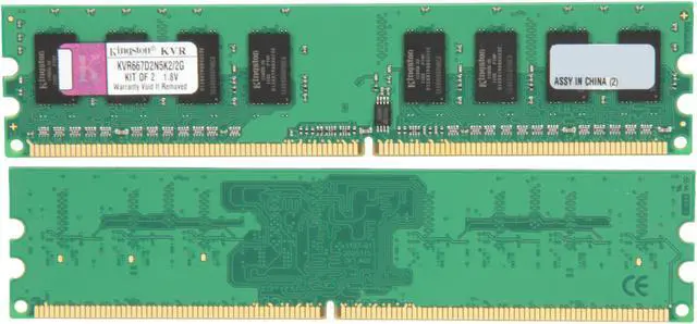 Alt view image 2 of 3 - Kingston ValueRAM 2GB (2 x 1GB) Unbuffered DDR2 667 (PC2 5300) Dual Channel Kit Desktop Memory Model KVR667D2N5K2/2G