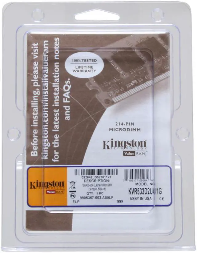 Alt view image 2 of 2 - Kingston 1GB 214-Pin DDR2 Micro DIMM DDR2 533 (PC2 4200) Laptop Memory Model KVR533D2U4/1G