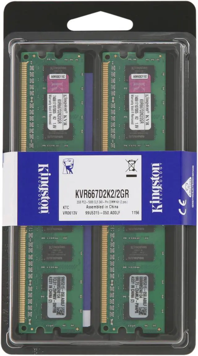 Alt view image 3 of 3 - Kingston ValueRAM 2GB (2 x 1GB) DDR2 667 (PC2 5300) Dual Channel Kit Desktop Memory Model KVR667D2K2/2GR