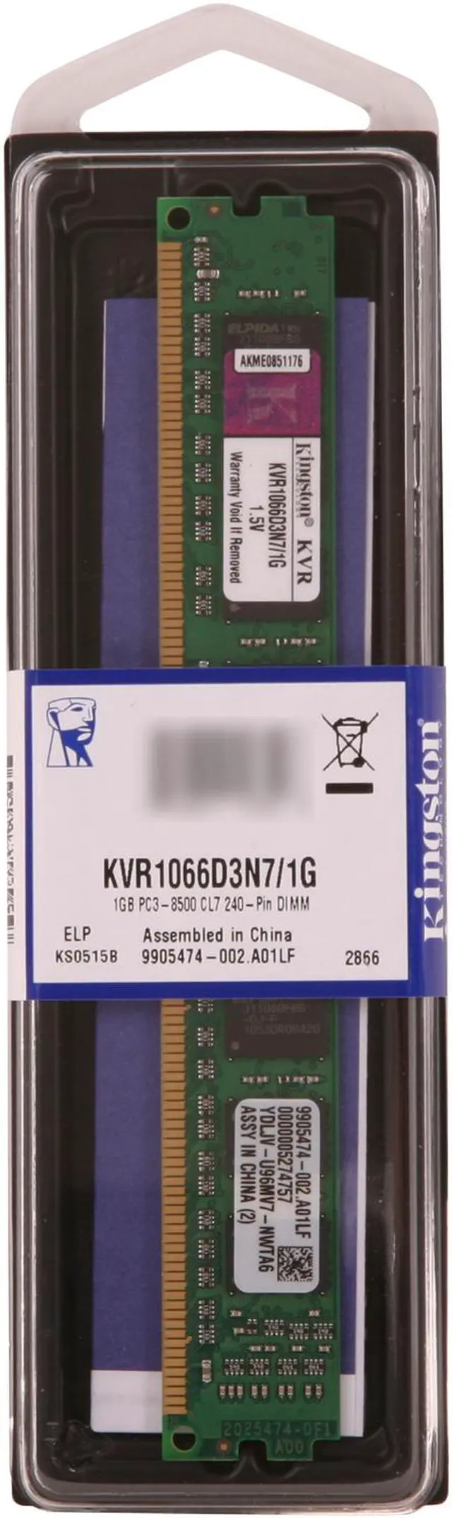 Alt view image 3 of 3 - Kingston 1GB Unbuffered DDR3 1066 (PC3 8500) Desktop Memory Model KVR1066D3N7/1G