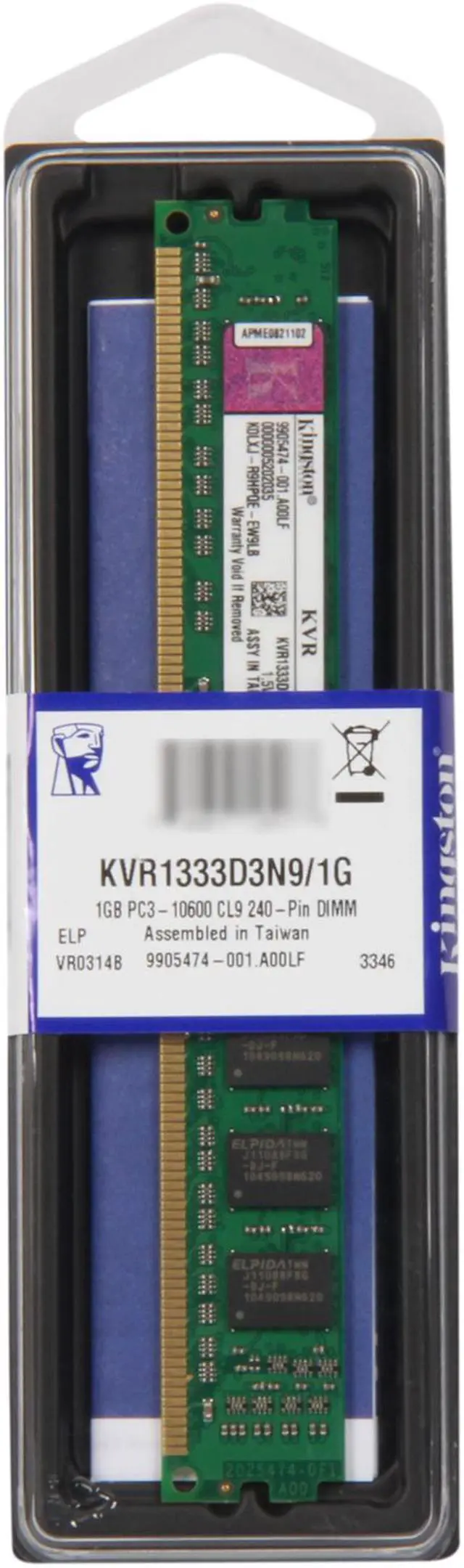 Alt view image 3 of 3 - Kingston ValueRAM 1GB DDR3 1333 (PC3 10600) Desktop Memory Model KVR1333D3N9/1G