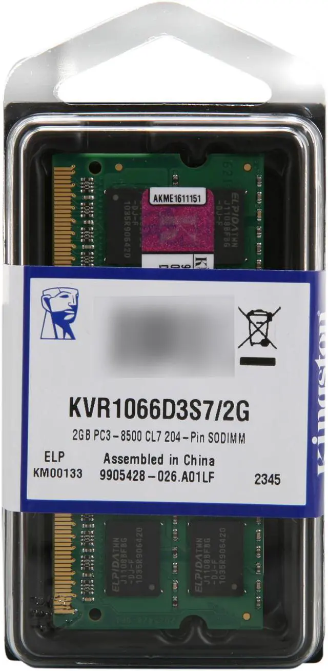 Alt view image 3 of 3 - Kingston ValueRAM 2GB 204-Pin DDR3 SO-DIMM DDR3 1066 (PC3 8500) Laptop Memory Model KVR1066D3S7/2G