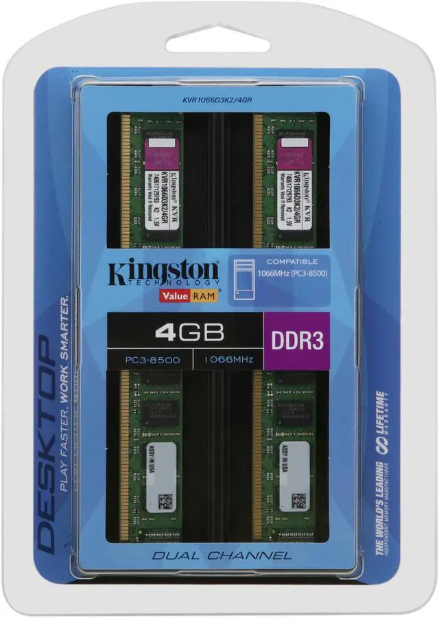 Alt view image 3 of 3 - Kingston 4GB (2 x 2GB) DDR3 1066 (PC3 8500) Dual Channel Kit Desktop Memory Model KVR1066D3K2/4GR