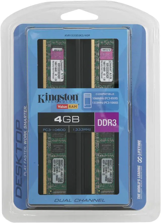 Alt view image 3 of 3 - Kingston ValueRAM 4GB (2 x 2GB) DDR3 1333 (PC3 10600) Desktop Memory Model KVR1333D3K2/4GR