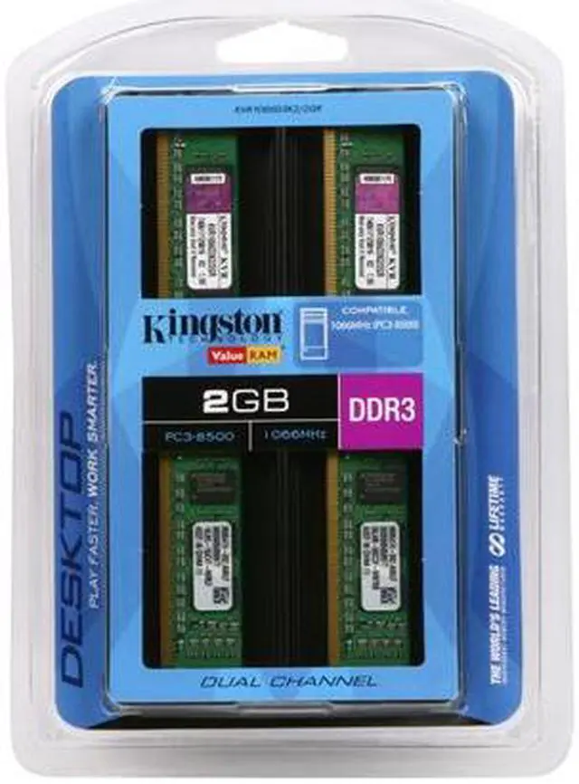 Alt view image 3 of 3 - Kingston ValueRAM 2GB (2 x 1GB) DDR3 1066 (PC3 8500) Dual Channel Kit Desktop Memory Model KVR1066D3K2/2GR