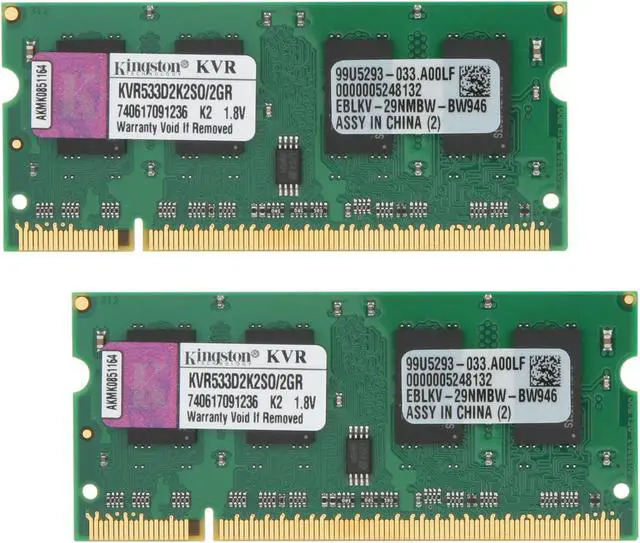 Main image of Kingston 2GB (2 x 1GB) 200-Pin DDR2 SO-DIMM DDR2 533 (PC2 4200) Dual Channel Kit Laptop Memory Model KVR533D2K2SO/2GR