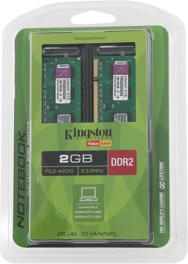 Alt view image 3 of 3 - Kingston 2GB (2 x 1GB) 200-Pin DDR2 SO-DIMM DDR2 533 (PC2 4200) Dual Channel Kit Laptop Memory Model KVR533D2K2SO/2GR