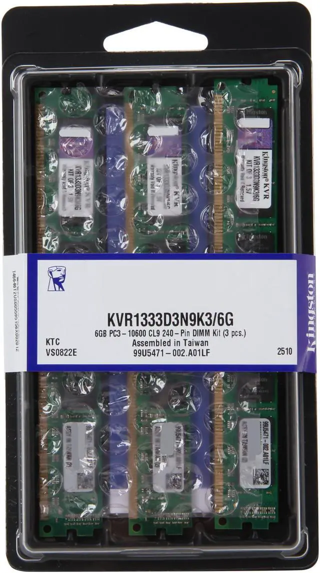 Alt view image 3 of 3 - Kingston 6GB (3 x 2GB) DDR3 1333 (PC3 10600) Triple Channel Kit Desktop Memory Model KVR1333D3N9K3/6G