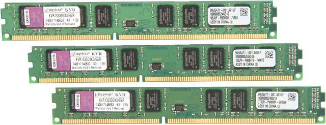 Main image of Kingston 6GB (3 x 2GB) DDR3 1333 (PC3 10666) Triple Channel Kit Desktop Memory Model KVR1333D3K3/6GR