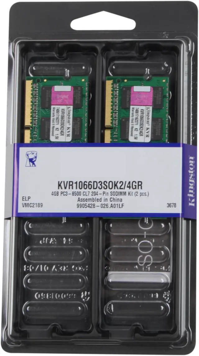 Alt view image 3 of 3 - Kingston ValueRAM 4GB (2 x 2GB) 204-Pin DDR3 SO-DIMM DDR3 1066 (PC3 8500) Laptop Memory Model KVR1066D3SOK2/4GR