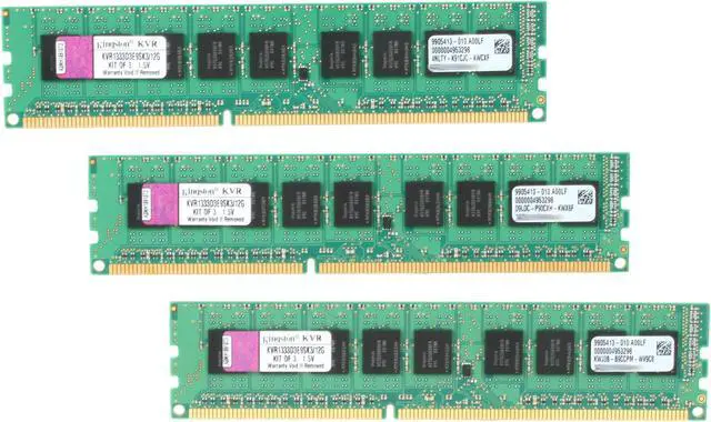 Main image of Kingston 12GB (3 x 4GB) ECC Unbuffered DDR3 1333 (PC3 10600) Server Memory Model KVR1333D3E9SK3/12G