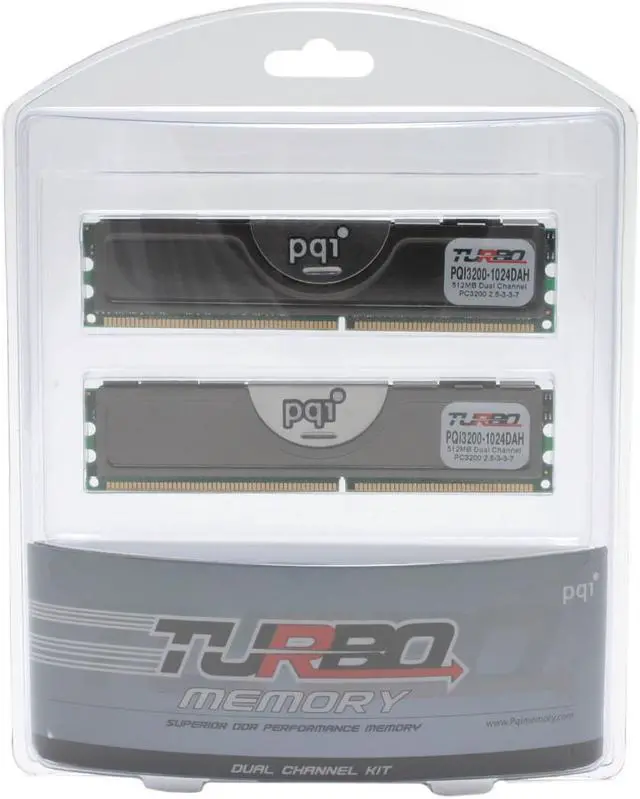 Main image of PQI TURBO 1GB (2 x 512MB) DDR 400 (PC 3200) Dual Channel Kit Desktop Memory Model PQI3200-1024DAH