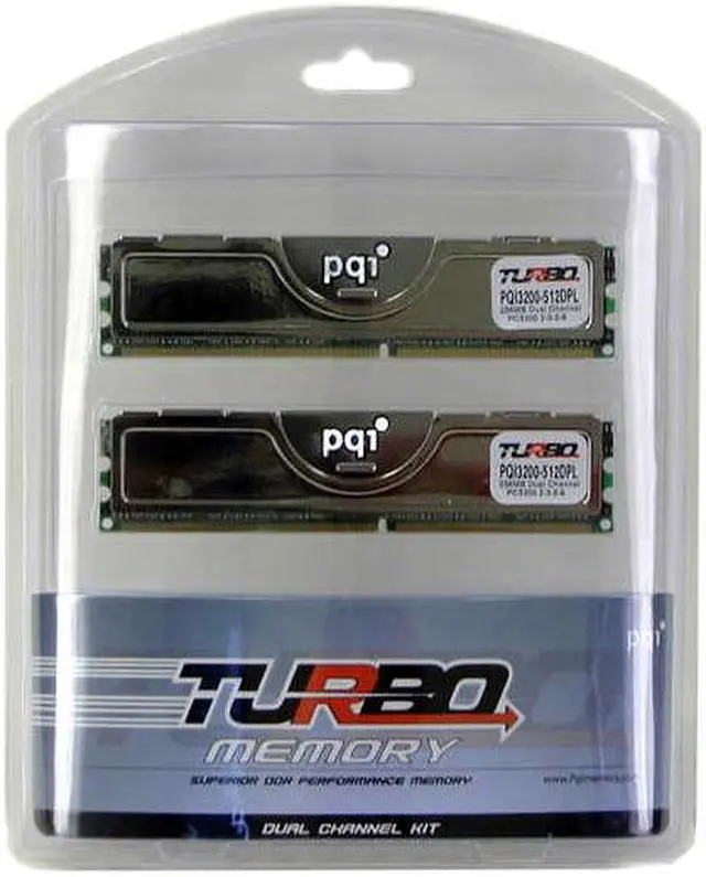 Main image of PQI TURBO 512MB (2 x 256MB) DDR 400 (PC 3200) Dual Channel Kit Desktop Memory Model PQI3200-512DPL