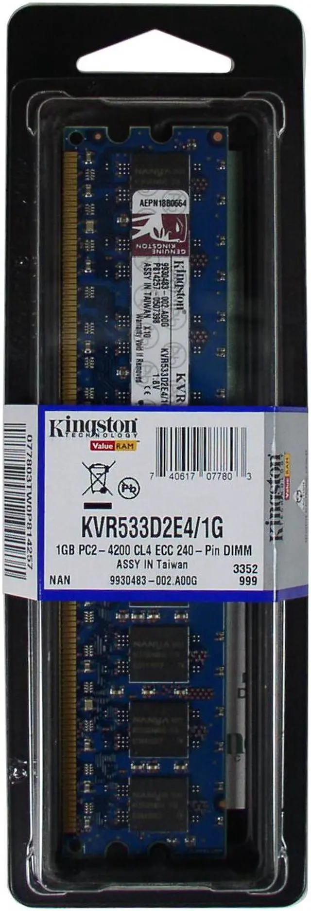 Alt view image 2 of 5 - Kingston ValueRAM 1GB ECC Unbuffered DDR2 533 (PC2 4200) Server Memory Model KVR533D2E4/1G