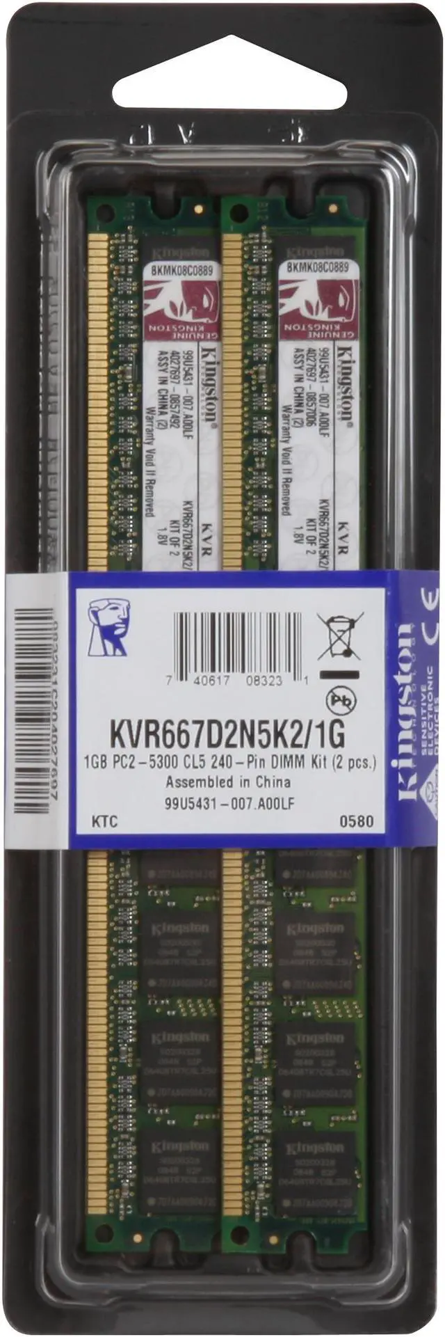 Alt view image 3 of 3 - Kingston ValueRAM 1GB (2 x 512MB) DDR2 667 (PC2 5300) Dual Channel Kit System Memory Model KVR667D2N5K2/1G