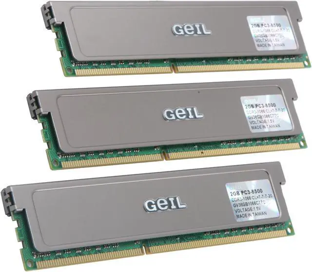 Main image of GeIL 6GB (3 x 2GB) DDR3 1066 (PC3 8500) Triple Channel Kit Desktop Memory Model GV36GB1066C7TC