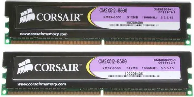 Main image of CORSAIR XMS2 1GB (2 x 512MB) DDR2 1066 (PC2 8500) Dual Channel Kit Desktop Memory Model TWIN2X1024-8500