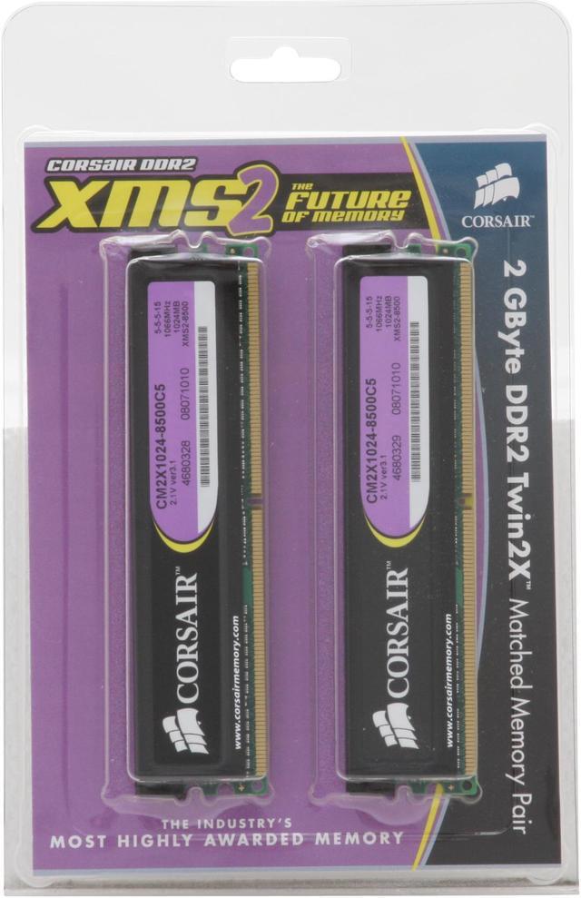 Alt view image 2 of 2 - CORSAIR XMS2 2GB (2 x 1GB) DDR2 1066 (PC2 8500) Dual Channel Kit Desktop Memory Model TWIN2X2048-8500C5