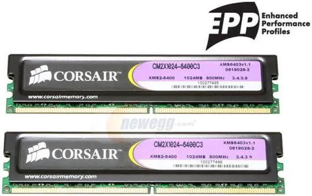 Main image of CORSAIR XMS2 2GB (2 x 1GB) DDR2 800 (PC2 6400) Dual Channel Kit Desktop Memory Model TWIN2X2048-6400C3