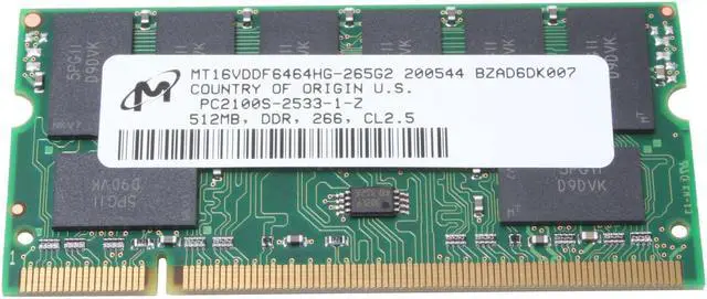 Main image of Crucial 512MB 200-Pin DDR SO-DIMM DDR 266 (PC 2100) Laptop Memory Model CT6464X265 - OEM