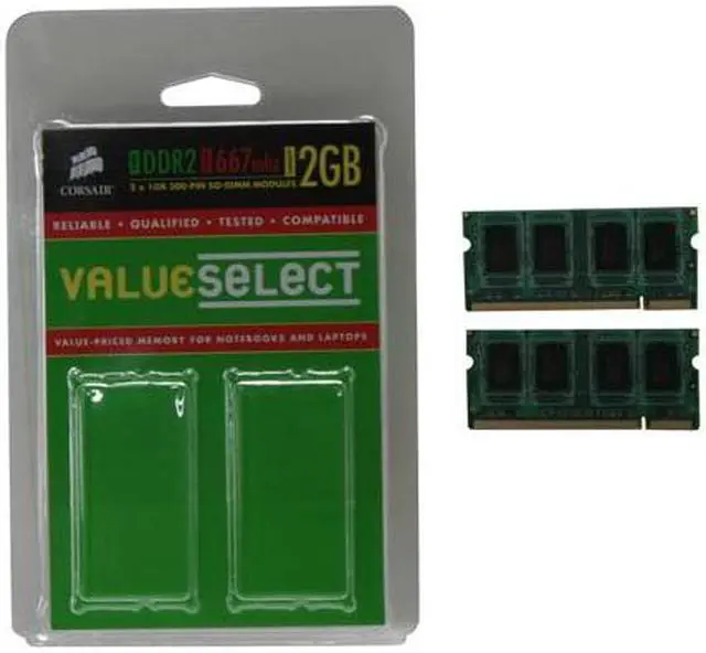 Alt view image 3 of 3 - CORSAIR 2GB (2 x 1GB) 200-Pin DDR2 SO-DIMM DDR2 667 (PC2 5300) Dual Channel Kit Laptop Memory Model VS2GSDSKIT667D2
