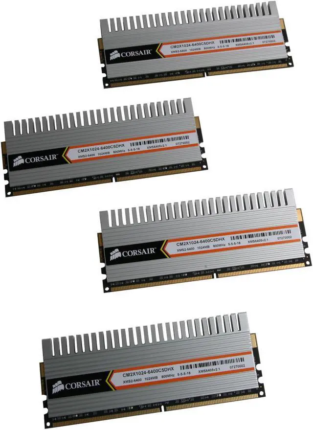 Main image of CORSAIR XMS2 4GB (4 x 1GB) DDR2 800 (PC2 6400) Quad Kit Desktop Memory Model QUAD2X4096-6400C5DHX