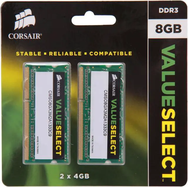 Alt view image 3 of 4 - CORSAIR ValueSelect 8GB (2 x 4GB) 204-Pin DDR3 SO-DIMM DDR3 1333 (PC3 10600) Laptop Memory Model CMSO8GX3M2A1333C9