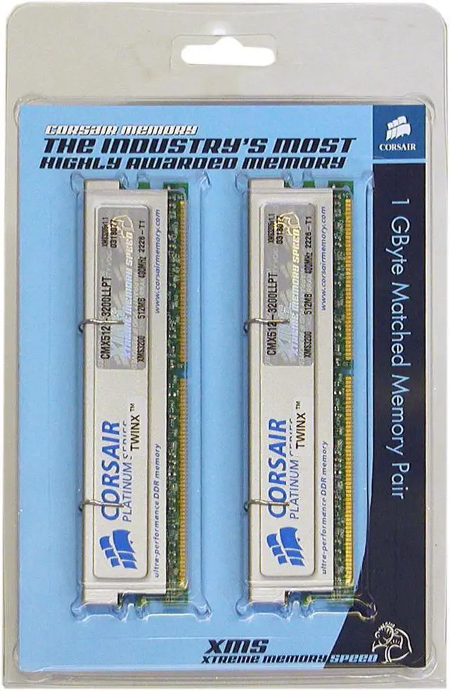 Alt view image 2 of 2 - CORSAIR XMS 1GB (2 x 512MB) DDR 400 (PC 3200) Dual Channel Kit Desktop Memory Model TWINX1024-3200LLPT